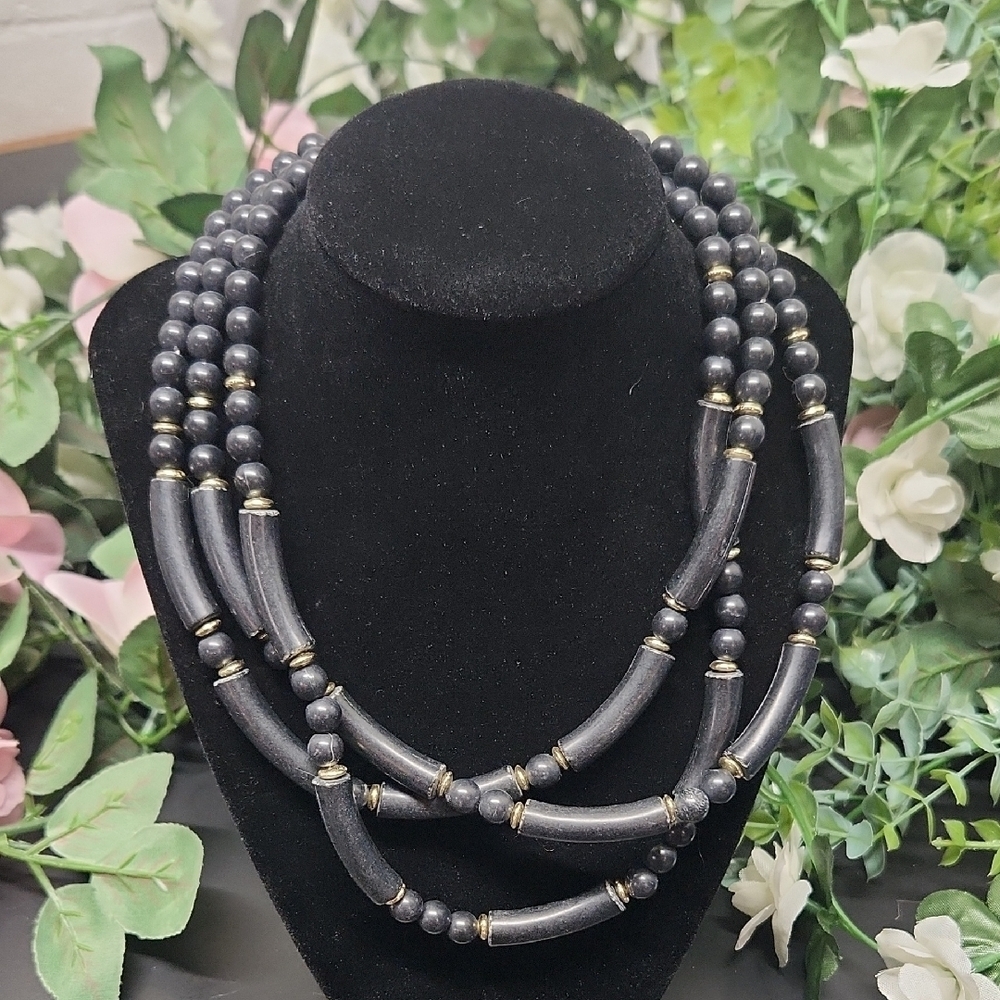 Black Multi-Strand Necklace with Textured Beads